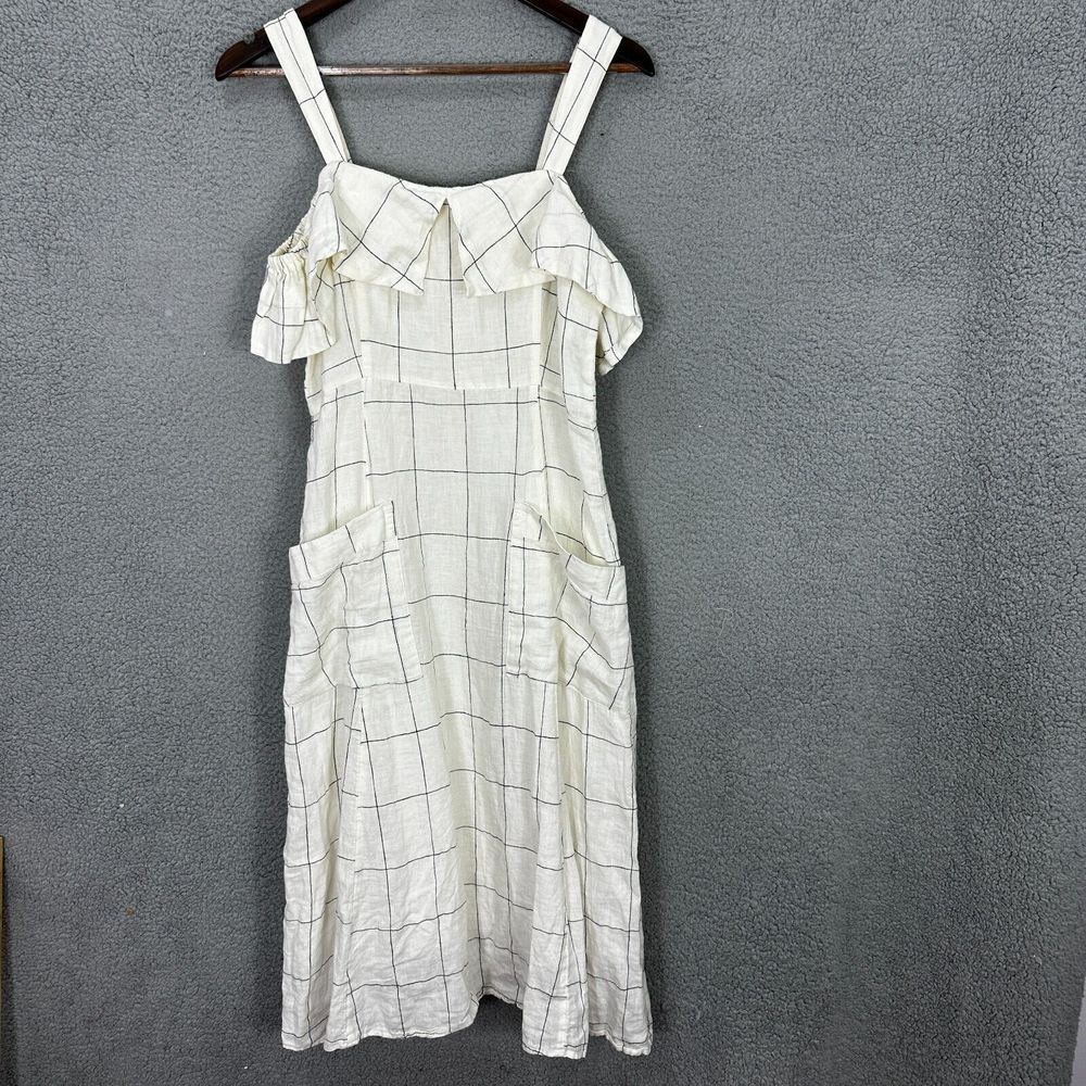 Mango Mng midi dress women Linen off white windowpane plaid ruffle pockets linen